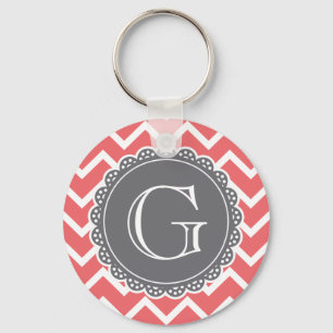 Coral Chevron Gray Monogram Sleutelhanger