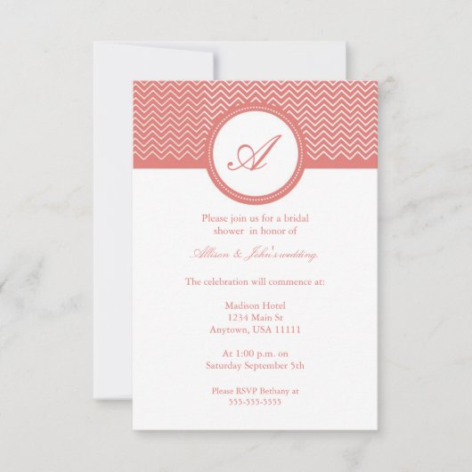 Coral Chevron Monogram Bridal Shower Kaart (Voorkant)