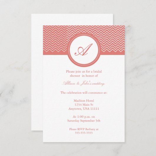Coral Chevron Monogram Bridal Shower Kaart (Voorkant / Achterkant)