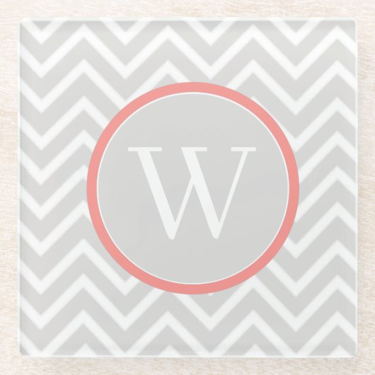 Coral Chevron Monogram Glazen Onderzetter (Voorkant)