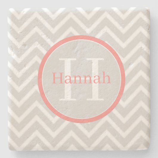 Coral Chevron Monogram Stone Onderzetter (Voorkant)