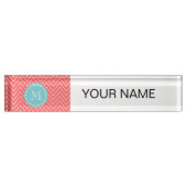 Coral Chevron Pattern | Blauwgroen monogram Naambordje (Voorkant)