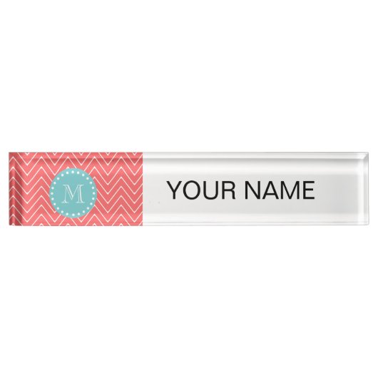 Coral Chevron Pattern | Blauwgroen monogram Naambordje (Voorkant)