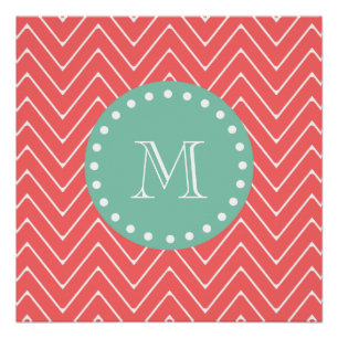 Coral Chevron Pattern Munt Green Monogram Poster