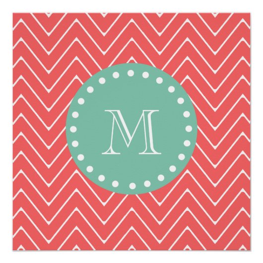 Coral Chevron Pattern | Munt Green Monogram Poster (Voorkant)
