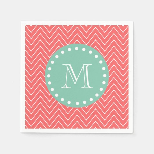 Coral Chevron Pattern | Munt Green Monogram Servetten (Voorkant)