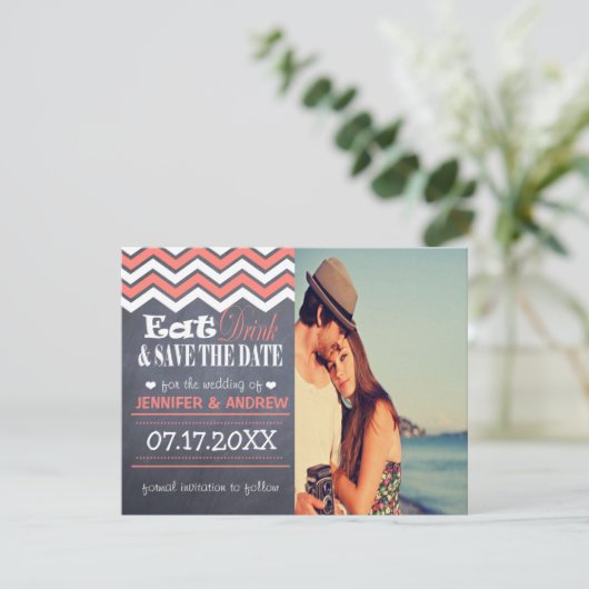 Coral Chevron Save the Date (Staand voorkant)