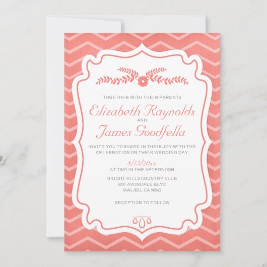 Coral Chevron Stripes Wedding Invitations Kaart (Voorkant)