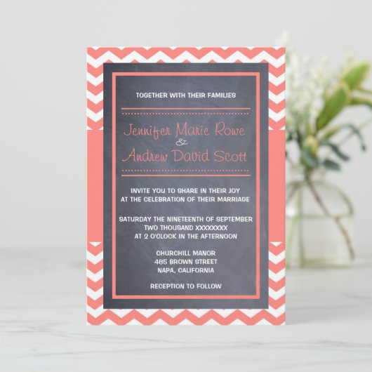 Coral Chevron Wedding Kaart (Staand voorkant)