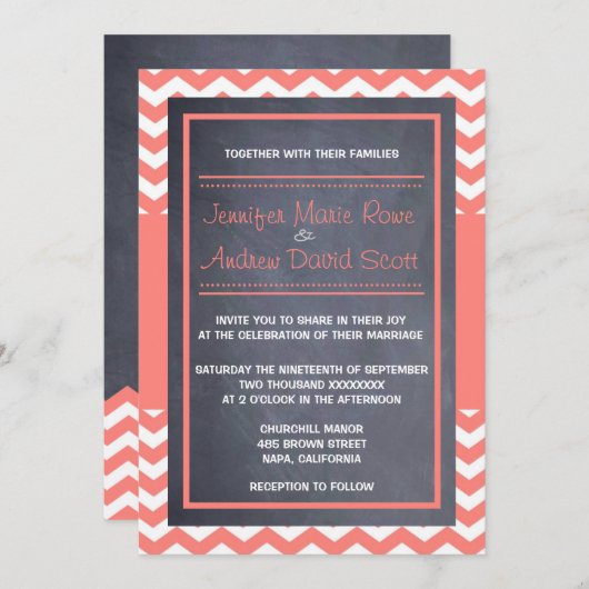 Coral Chevron Wedding Kaart (Voorkant / Achterkant)