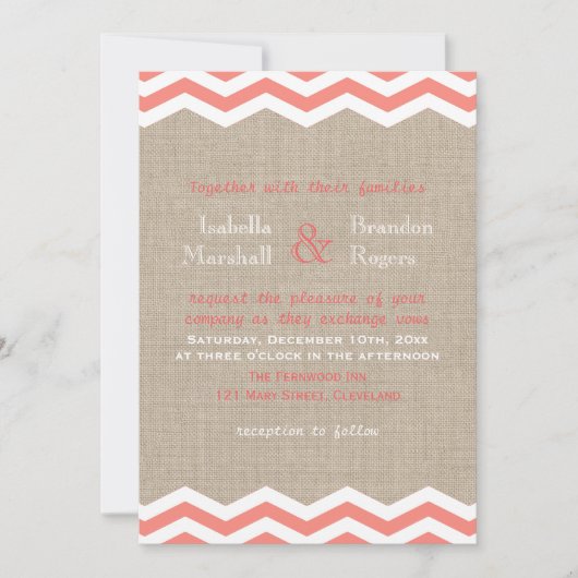 Coral Chevrons op Burlap Wedding Invitation Kaart (Voorkant)