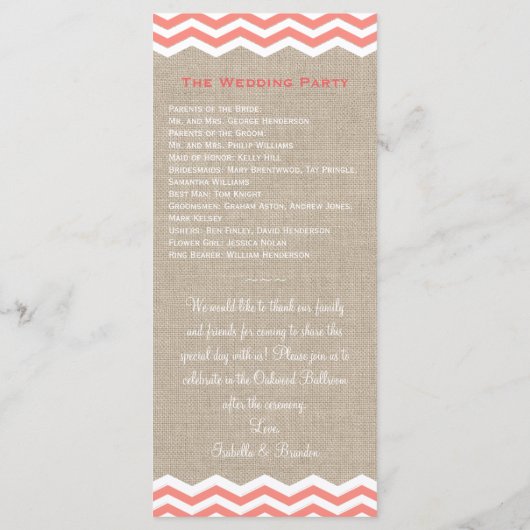 Coral Chevrons op Burlap Wedding Program Programmakaart (Achterkant)