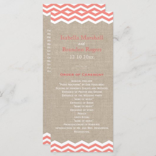 Coral Chevrons op Burlap Wedding Program Programmakaart (Voorkant / Achterkant)