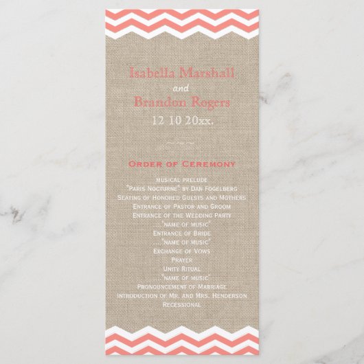 Coral Chevrons op Burlap Wedding Program Programmakaart (Voorkant)