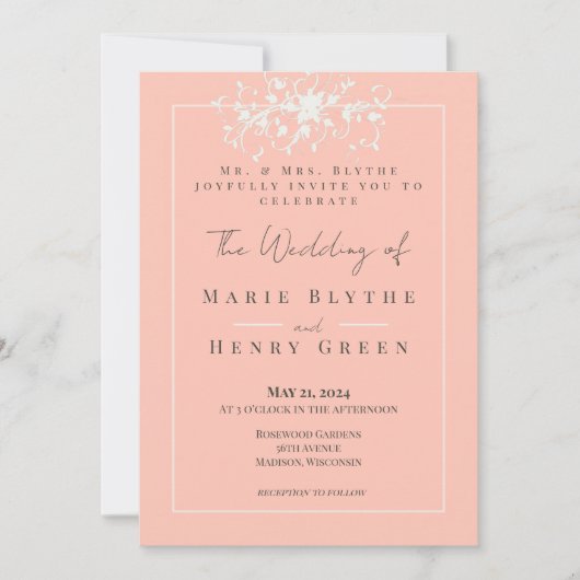 Coral & Cream Filigree Elegant Wedding Invitation Kaart (Voorkant)