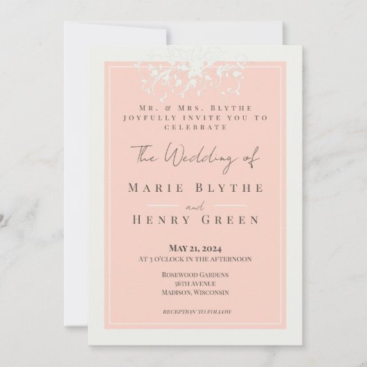 Coral & Cream Filigree Elegant Wedding Invitation Kaart (Voorkant)