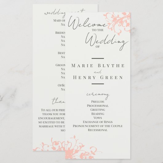 Coral & Cream Filigree Elegant Wedding Programme (Voorkant / Achterkant)