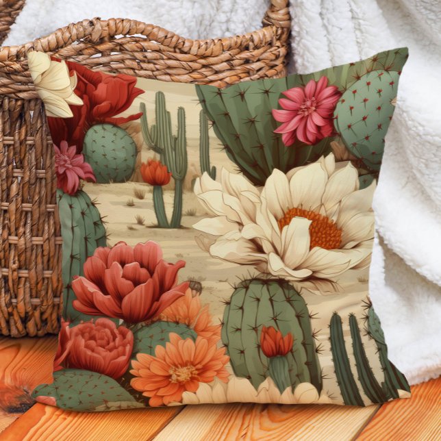 Coral Cream Red Floral Green Cactus Desert Garden Kussen (Desert cactus and succulents pillow)