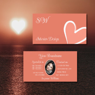 Coral Cute Pink Heart Chic met Monogram en Foto Visitekaartje