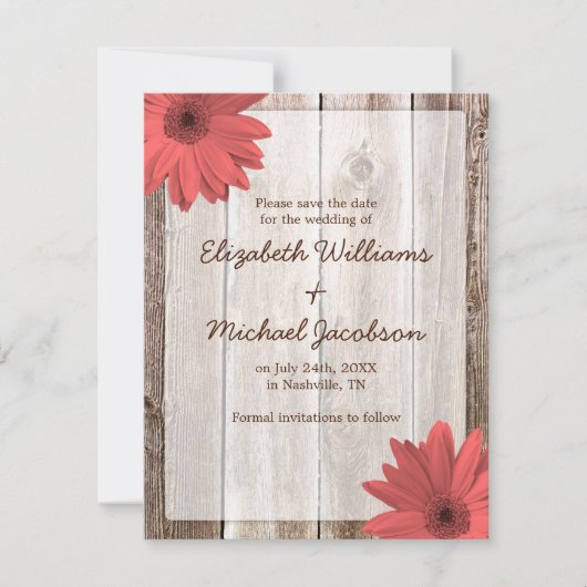 Coral Daisy Barn Wood Save the Date Aankondiging (Voorkant)