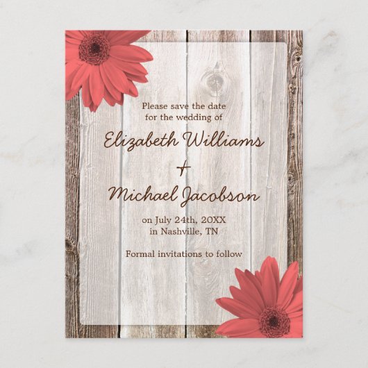 Coral Daisy Barn Wood Save the Date Aankondiging (Voorkant)