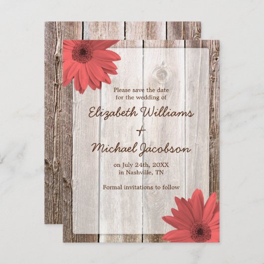 Coral Daisy Barn Wood Save the Date Aankondiging (Voorkant / Achterkant)