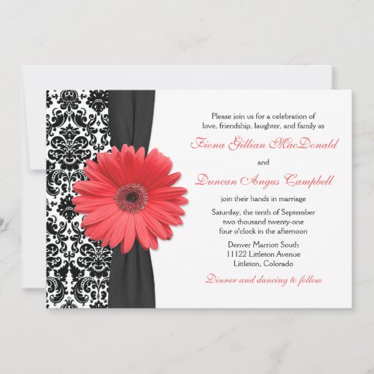 Coral Daisy Black White Damask Wedding Invitation Kaart (Voorkant)