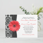 Coral Daisy Black White Damask Wedding Invitation Kaart (Staand voorkant)