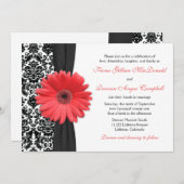 Coral Daisy Black White Damask Wedding Invitation Kaart (Voorkant / Achterkant)