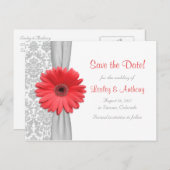 Coral Daisy Grey Damask Bruiloft Save the Date Aankondigingskaart (Voorkant / Achterkant)