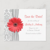 Coral Daisy Grey Damask Bruiloft Save the Date Aankondigingskaart (Voorkant)