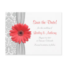 Coral Daisy Grey Damask Bruiloft Save the Date