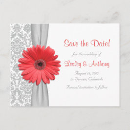 Coral Daisy Grey Damask Bruiloft Save the Date Aankondigingskaart