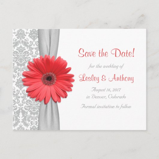 Coral Daisy Grey Damask Bruiloft Save the Date Aankondigingskaart (Voorkant)