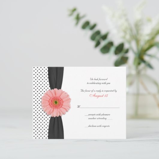 Coral Daisy Polka Dot Ribbon RSVP-kaart RSVP Kaartje (Staand voorkant)