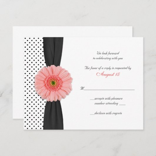 Coral Daisy Polka Dot Ribbon RSVP-kaart RSVP Kaartje (Voorkant / Achterkant)