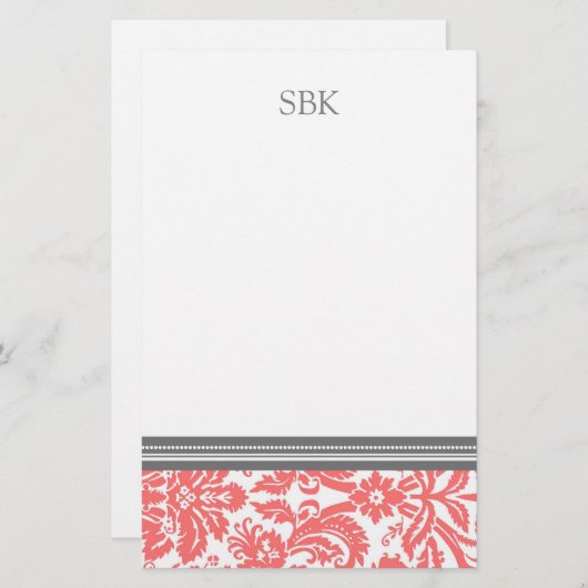 Coral Damask aangepaste monogram Briefpapier (Voorkant / Achterkant)
