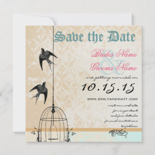 Coral Damask Bird Cage Wedding Save the Date Kaart