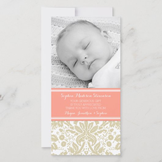 Coral Damask Dank je wel Baby Shower Fotokaarten Bedankkaart (Voorkant)