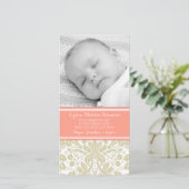 Coral Damask Dank je wel Baby Shower Fotokaarten Bedankkaart (Staand voorkant)