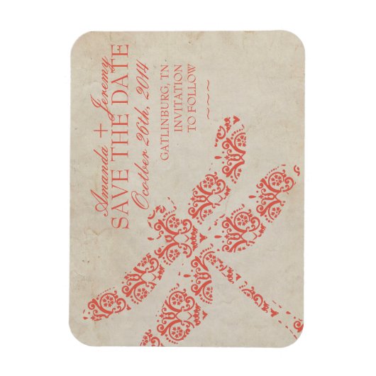 Coral Damask Dragonfly Bruiloft Bewaar de datum Magneet (Verticaal)