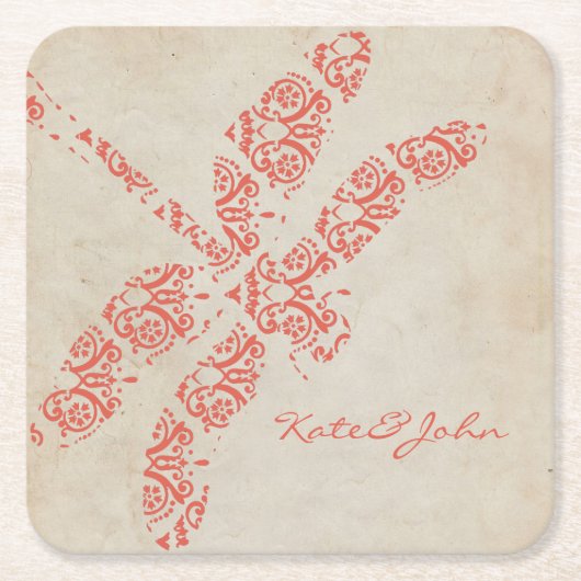 Coral Damask Dragonfly Wedding Kartonnen Onderzetters (Voorkant)