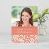 Coral Damask Foto Bridal Luncheon Uitnodigingskaar Kaart (Staand voorkant)