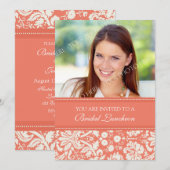Coral Damask Foto Bridal Luncheon Uitnodigingskaar Kaart (Voorkant / Achterkant)
