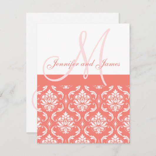 Coral Damask Monogram Namen RSVP Reply Cards (Voorkant / Achterkant)