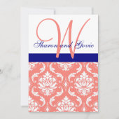 Coral Damask Navy Monogram Weddenschap Kaart (Voorkant)