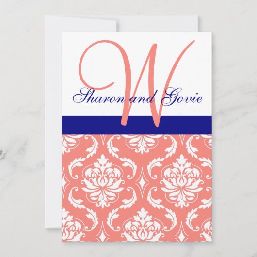 Coral Damask Navy Monogram Weddenschap Kaart (Voorkant)