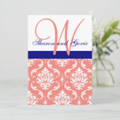Coral Damask Navy Monogram Weddenschap Kaart (Staand voorkant)