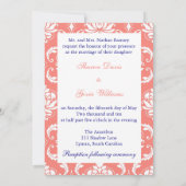 Coral Damask Navy Monogram Weddenschap Kaart (Achterkant)