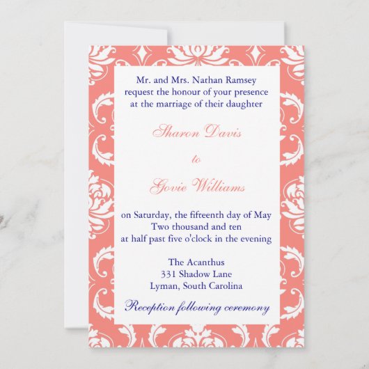 Coral Damask Navy Monogram Weddenschap Kaart (Achterkant)